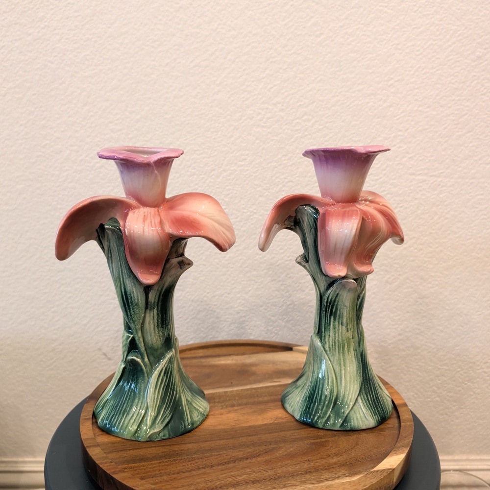 Vintage Italian Ceramic Lily Flower Candlestick Holders Set of 2 Pink Green